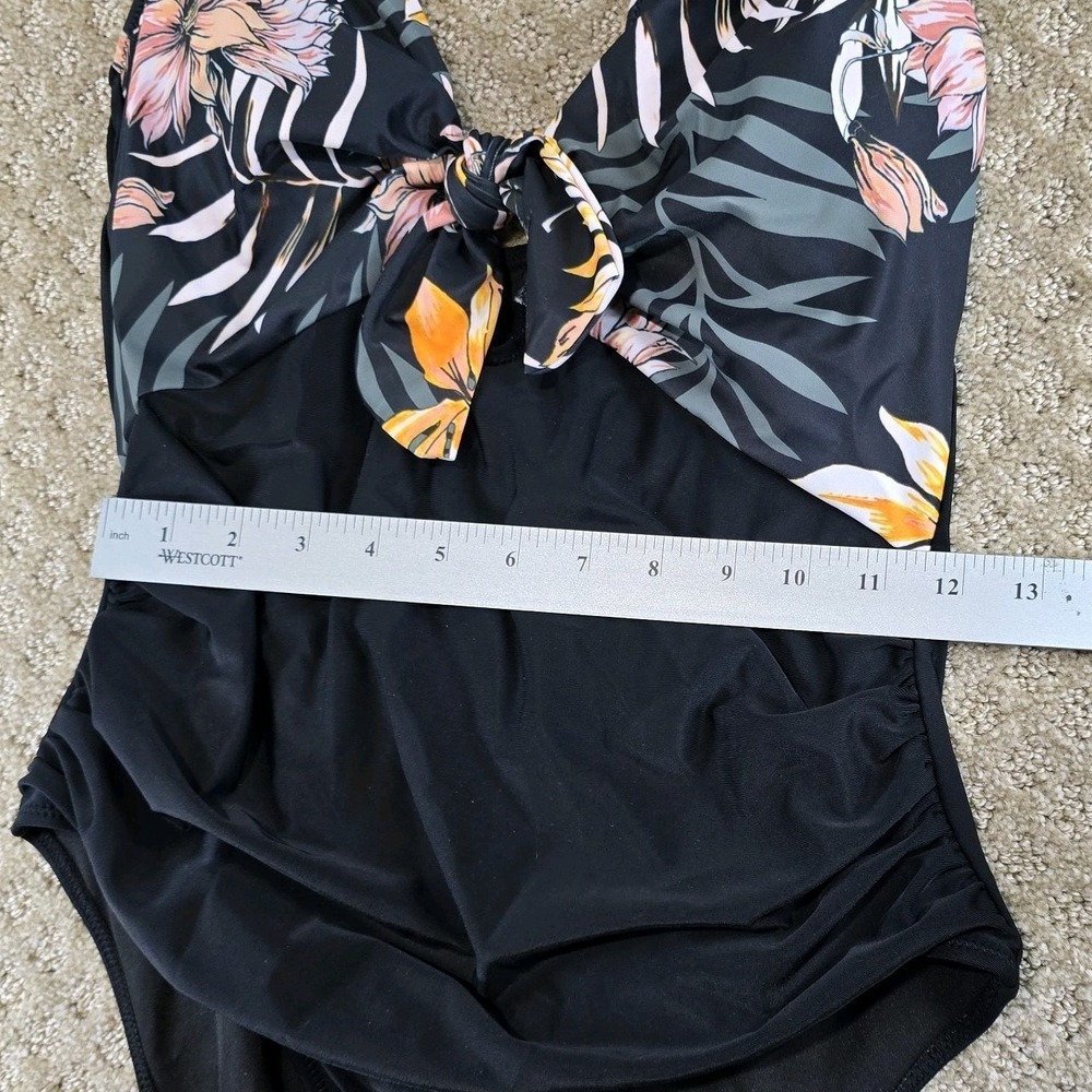 One Piece Swimsuit Tropical Floral Halter Tie Front Black Size Large - Picture 6 of 10
